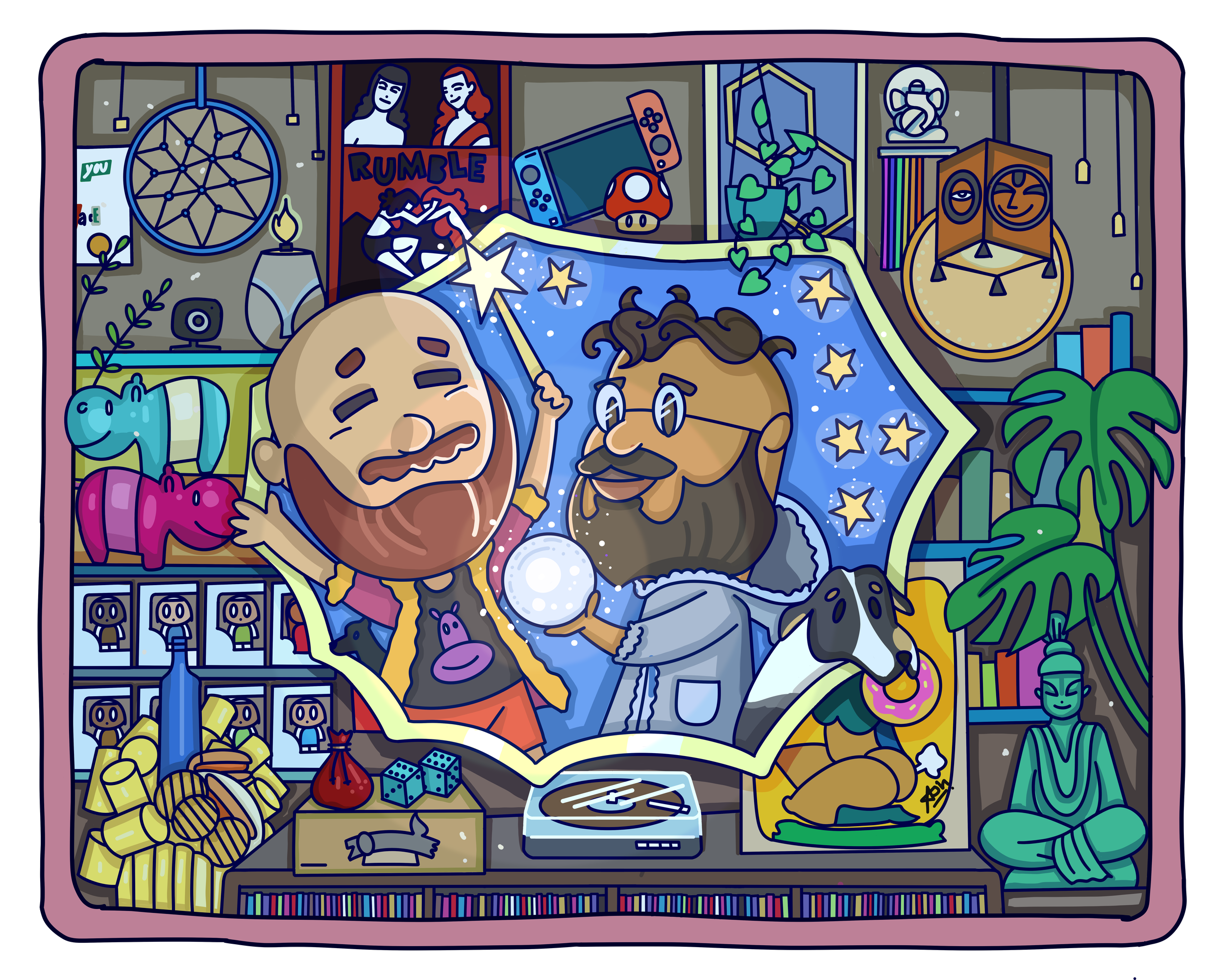 Illustration of two bearded men with a wizard theme. One holds a wand and a crystal ball, surrounded by stars and decorative items including video game memorabilia, colorful animal figurines, a Buddha statue, plants, and books. A dream catcher, video game controller, and various gaming icons are in the background.
