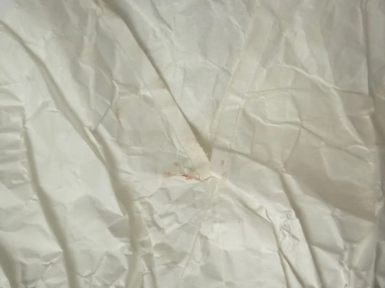 Lipstick stain on the V-shaped collar of the white washi paper costume after the Toronto balcony performance. Photograph by Yuting Zhou, 2026.
