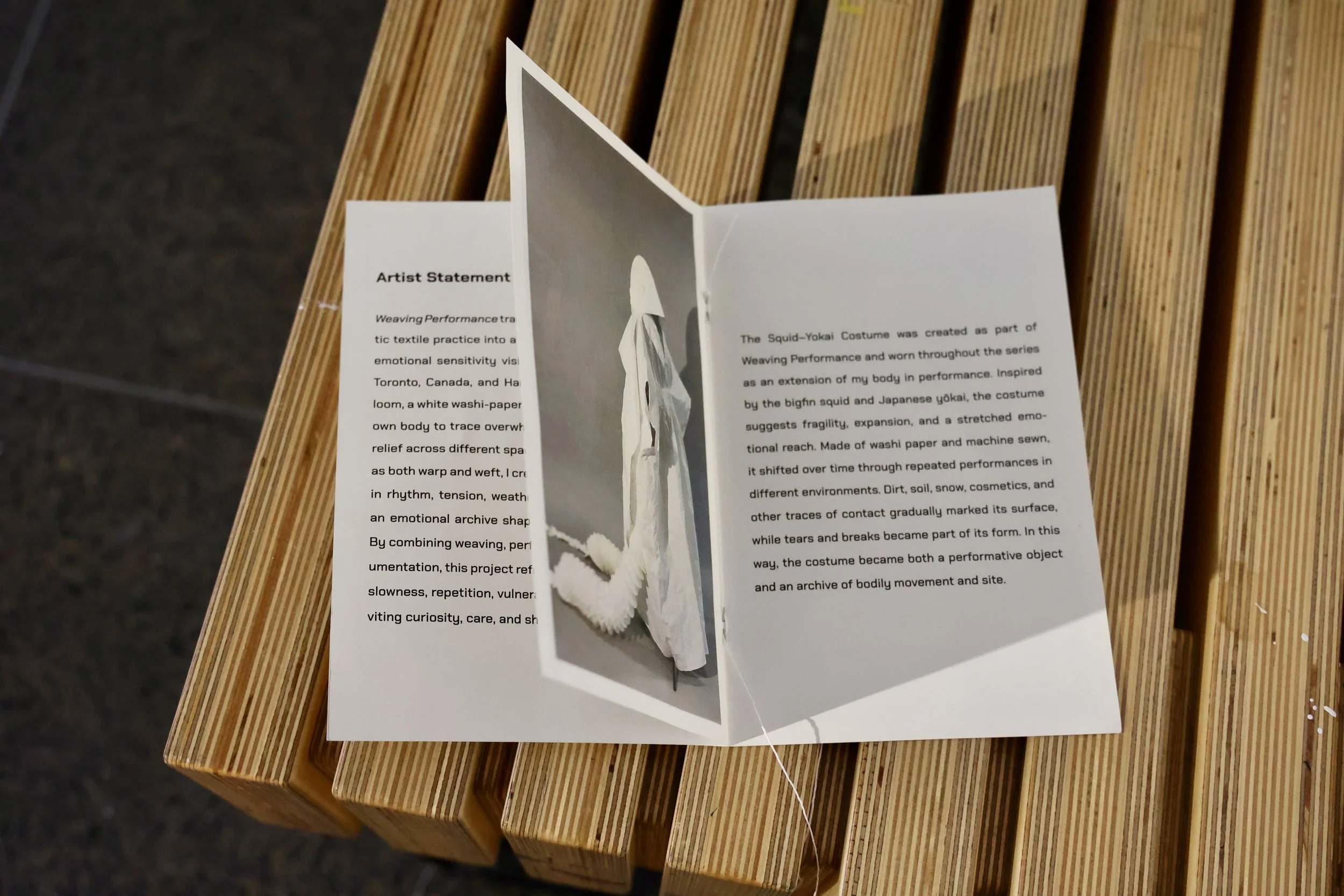 Printed booklet tied to a hallway bench with washi thread, showing the artist statement, costume images, and performance timeline in a handheld format for viewers to read while seated. Photograph by Aritra Das, 2026