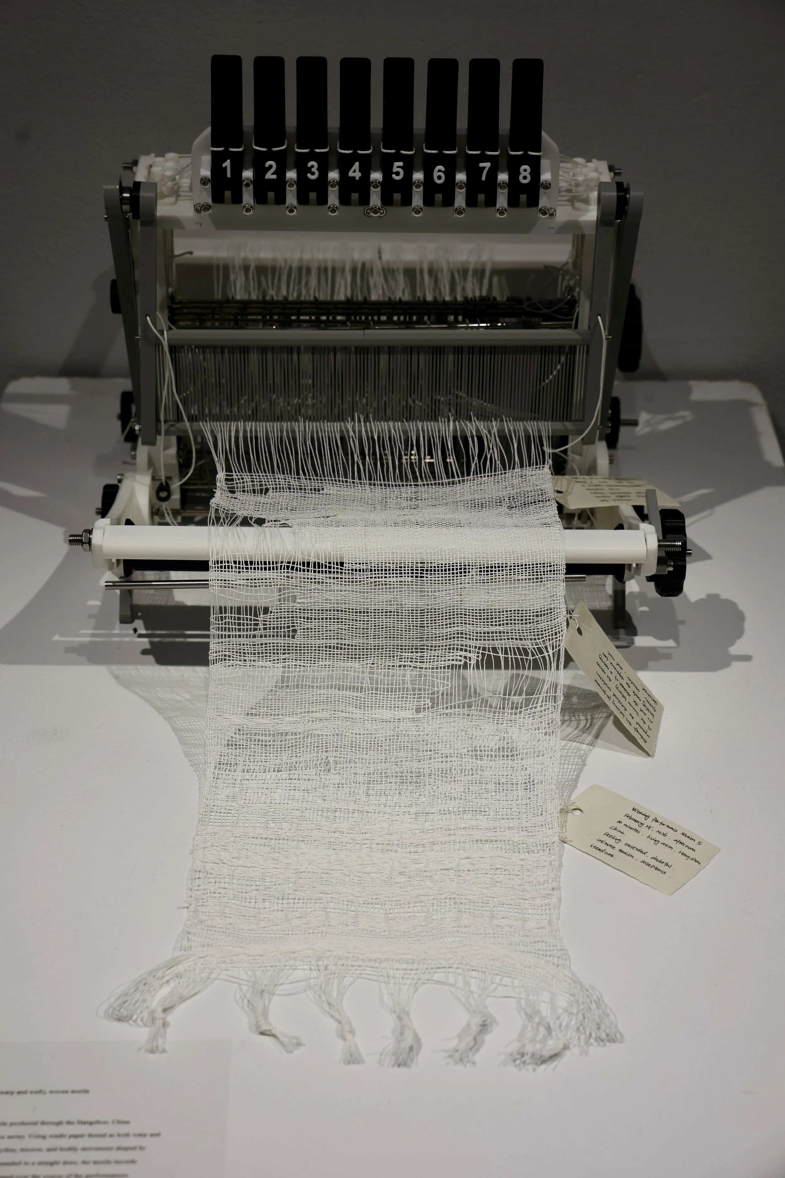 Detail of the labelled woven cloth on Loom 2. Photograph by Aritra Das, 2026.