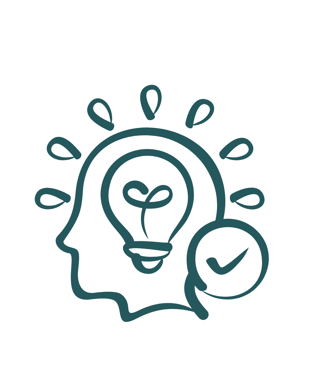Outline of a human head with a light bulb inside and a small checkmark in a circle beside it, surrounded by several small droplets.