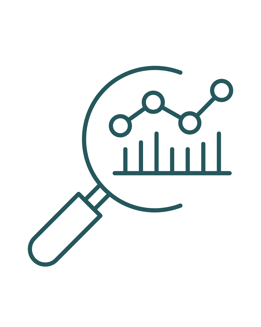 Magnifying glass inspecting a line graph and bar chart, representing data analysis or research.