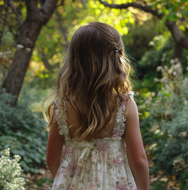Little girls dress watercolor floral bouquets tossed in a pattern on off white fabric soft muted pinks dusty pinks peachs greens repeat pattern by Michele Anne Design.png