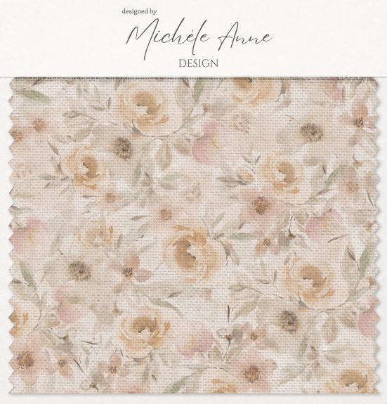 Fabric Swatch of Soft Vintage Roses flowers botanicals in soft and light pinks peaches and greens giving a dreamy feel repeat pattern by Michele Anne Design.png