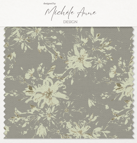 Fabric swatch of abstract textured florals in bouquets and scattered on fabric for interior decorating in neutrals creams dusty gray repeat pattern by Michele Anne Design.png