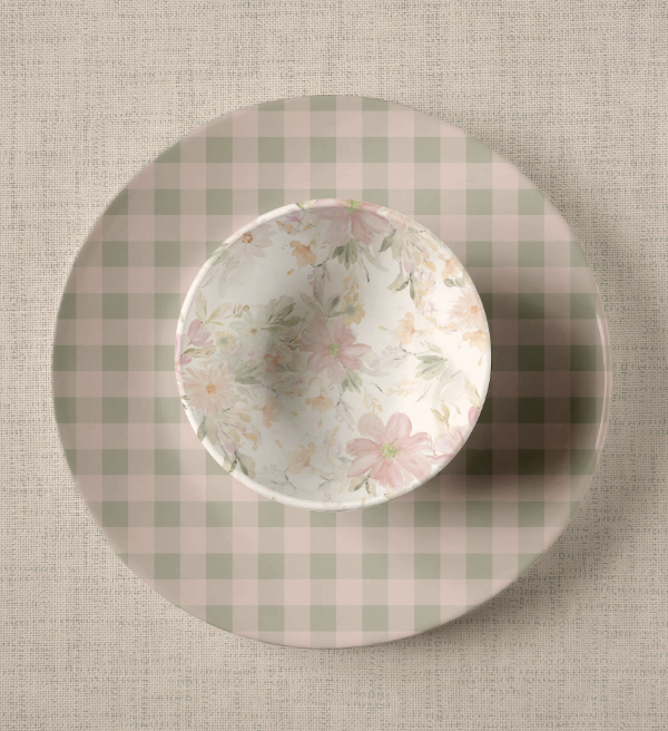 Crockery watercolor floral design and gingham design on plates in soft muted pinks greens yellows repeat pattern by Michele Anne Design.png