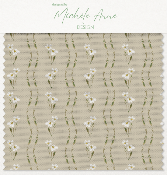 Cottage Lace Fabric Swatch of a floral stripe watercolor ditsy florals in soft butter yellow, neutrals, off whites and muted greens repeat pattern by Michele Anne Design.png