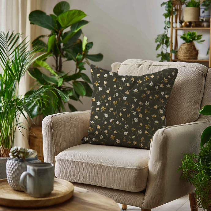 Scatter cushion for living room in olive green with watercolor florals scattered on fabric in soft yellow and off white cottagecore repeat pattern by Michele Anne Design.png