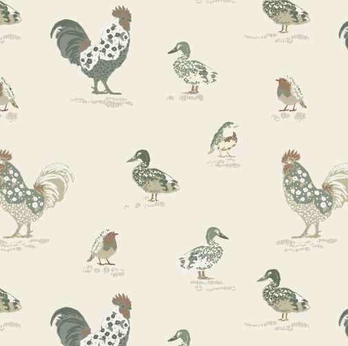 Textured Rustic Repeat Pattern with Chickens Birds Ducks Roosters in Neutral Colours Nature Inspired.png