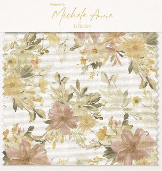Vintage Bouquets Fabric swatch watercolor floral bouquets of flowers arranged on fabric in soft butter yellows peaches muted greens muted pinks repeat pattern by Michele Anne Design.png