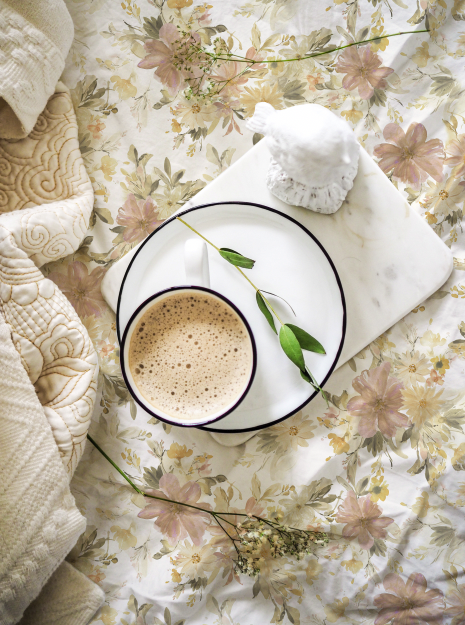 Bedding duvet quilt with watercolor floral bouquets in creams yellows peaches dusty pinks muted colors repeat pattern by Michele Anne Design.png