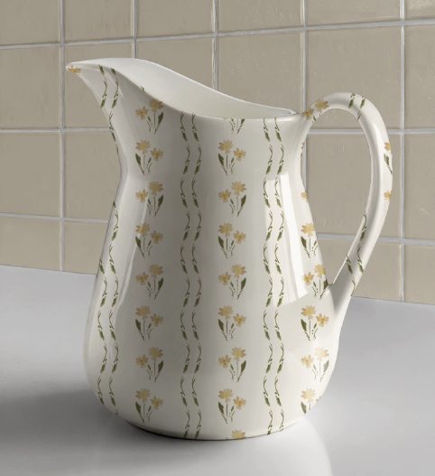 Pitcher with Cottage Lace watercolor stripe floral design repeat pattern in soft yellows and muted greens repeat pattern by Michele Anne Design.png