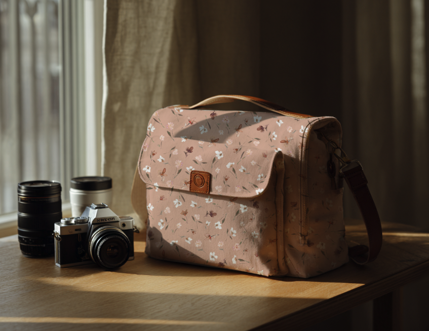Photography Bag in dusty pink with watercolor florals scattered repeat pattern by Michele Anne Design.png