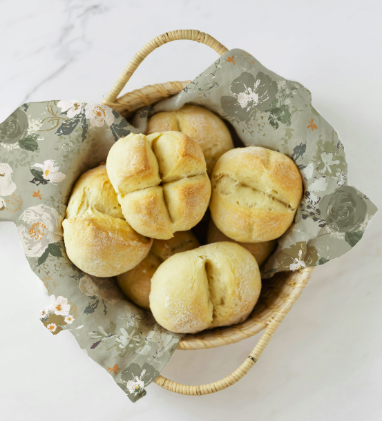 Kitchen towel tea towel with floral arrangements and boutques of roses and sprigs of greenery and small flowers in muted soft greens creams soft yellows and other neutral colors repeat pattern by Michele Anne Design.png