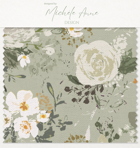 Fabric Swatch Bouquets and arrangements of flowers and botanicals on fabric in different shades of soft and muted greens creams yellows and off whites repeat pattern by Michele Anne Design.png