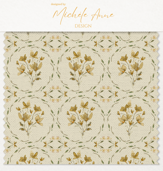 Fabric Swatch of watercolor botanicals arranged in botanical muted green wreaths across fabric in soft yellows warm creams muted dusty greens light browns light creams and neutrals repeat pattern by Michele Anne Design.png