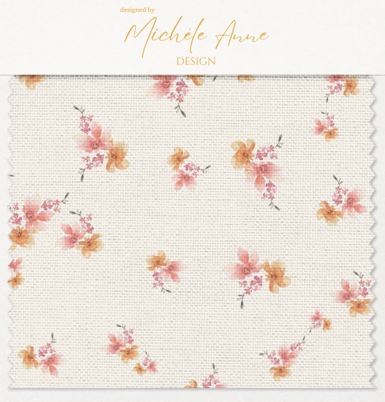 Fabric swatch watercolor ditsy dainty flowers scattered on fabric in pinks repeat pattern by Michele Anne Design.png