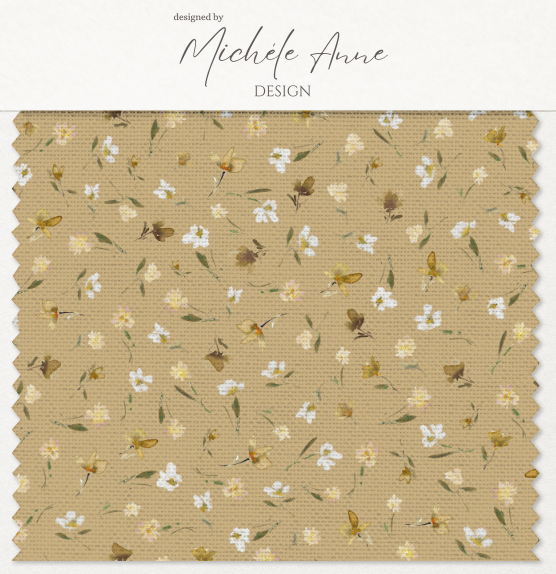 Emma Fabric Watercolor Florals Tossed across fabric in soft butter yellow creams off-whites and muted olive greens repeat pattern by Michele Anne Design.png