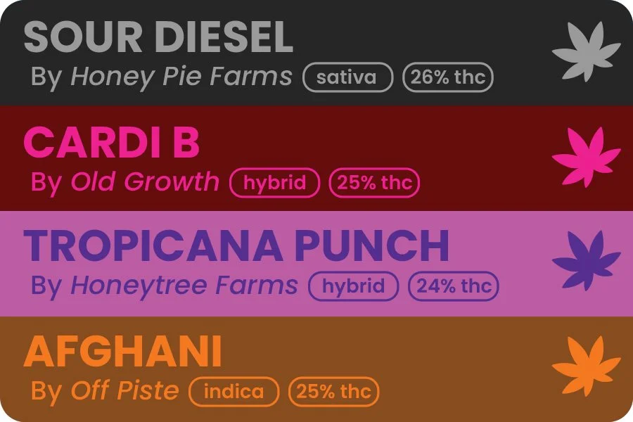 October 2026 Mechayeh multi-farmer variety pack strains: Sour Diesel, Cardi B, Tropicana Punch and Afghani