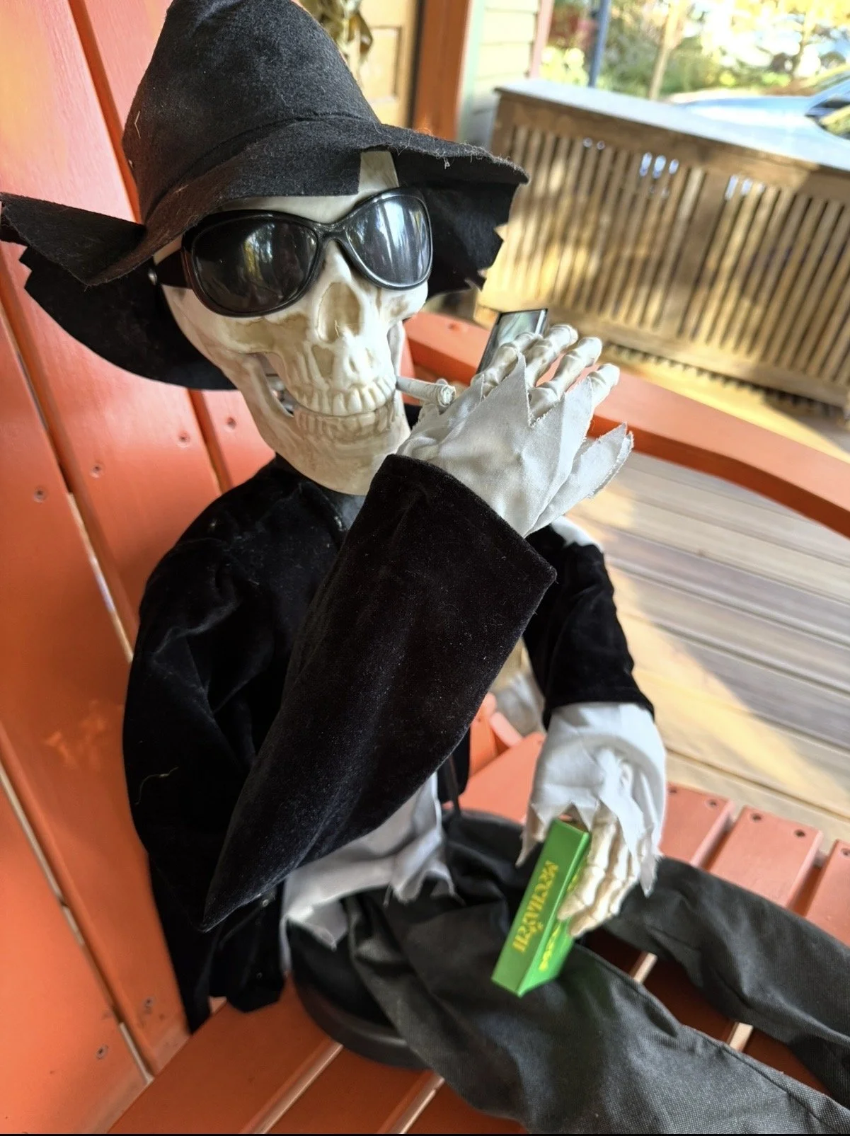 Halloween skeleton decoration on a porch holding a green Mechayeh box