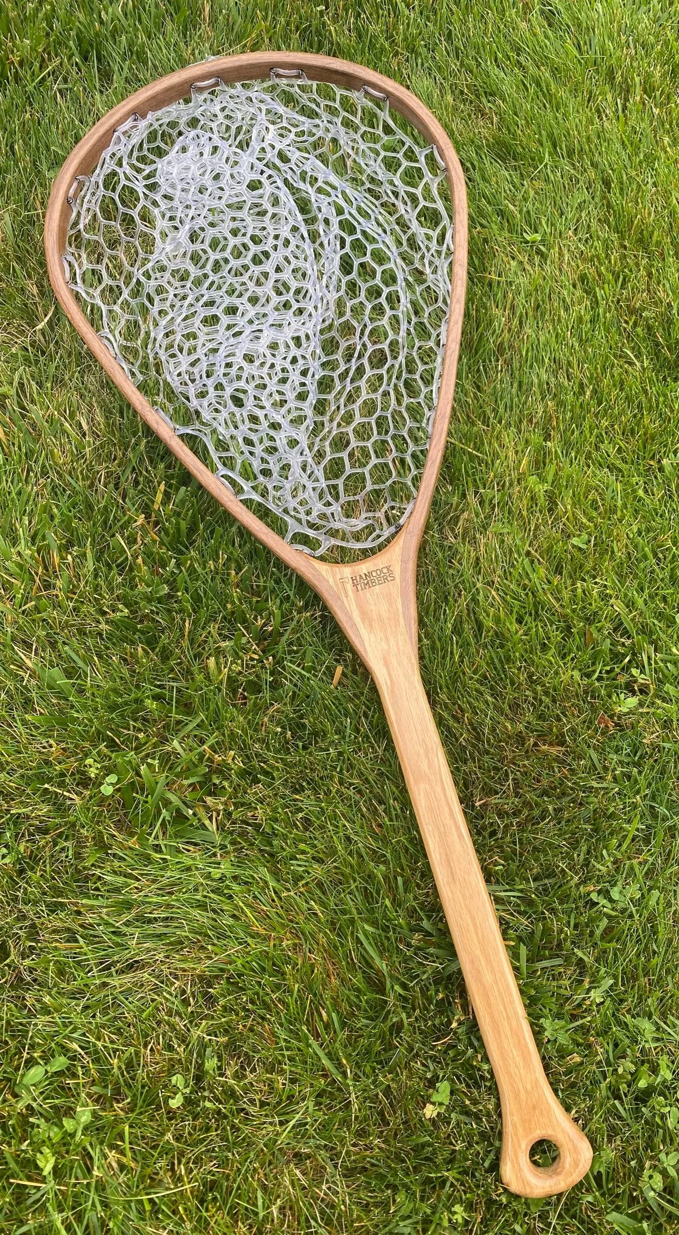 Handmade Drifter fly fishing net with long handle and hardwood frame