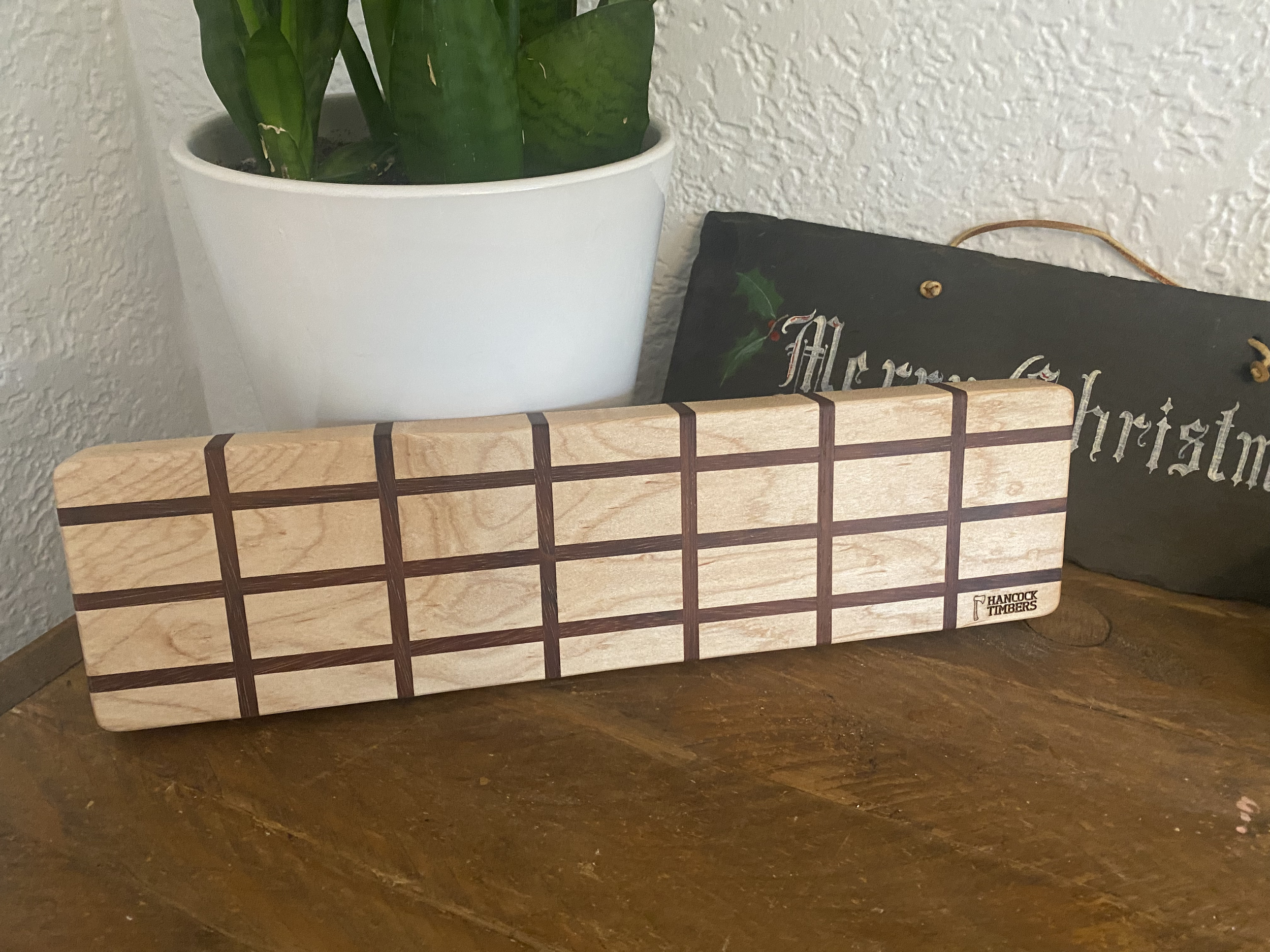 Straight, No Chaser hardwood charcuterie board with grid pattern, handmade wooden serving board for home bar and cocktail use.