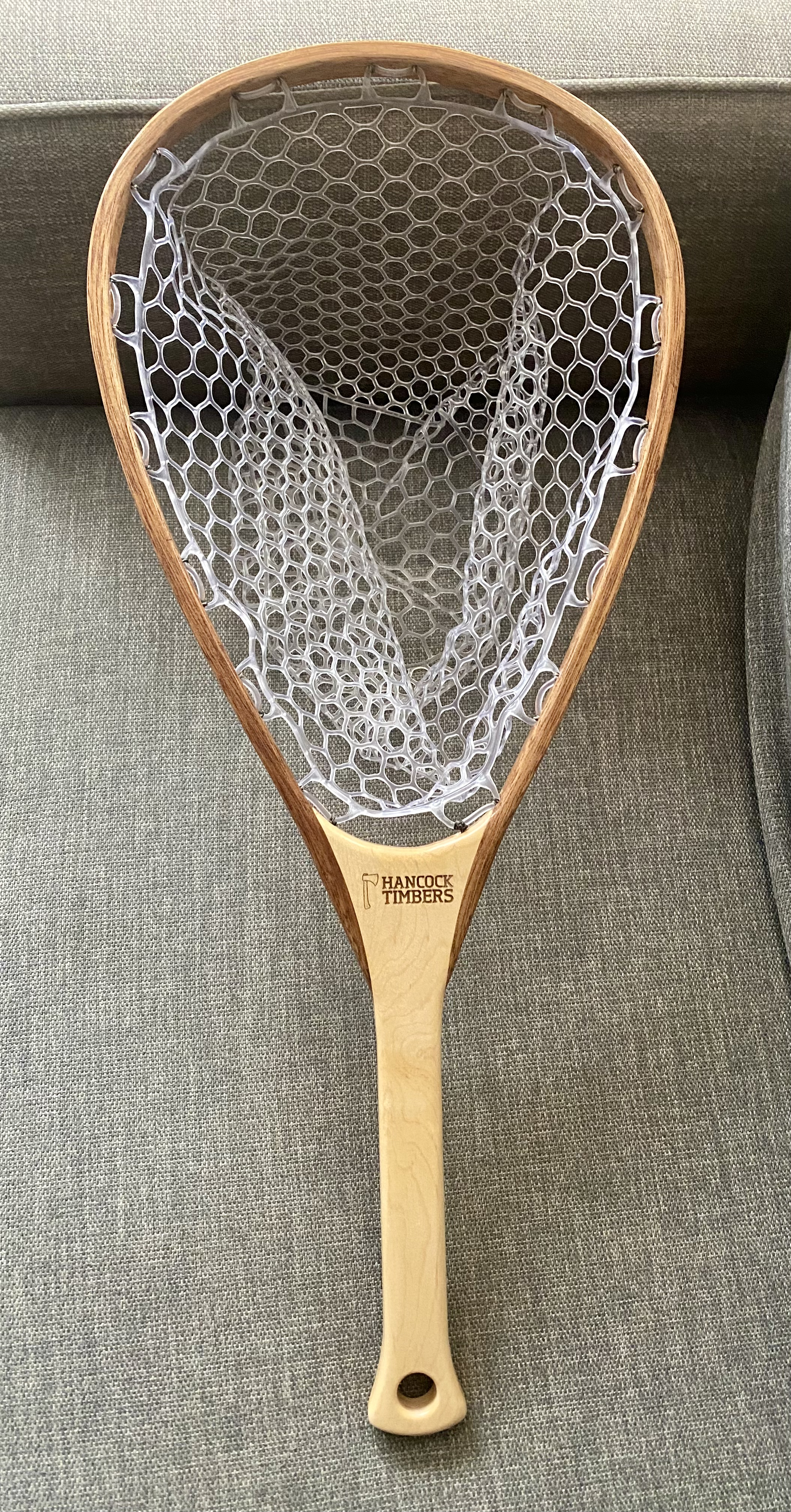 Compact backpack fly fishing net made from solid hardwood