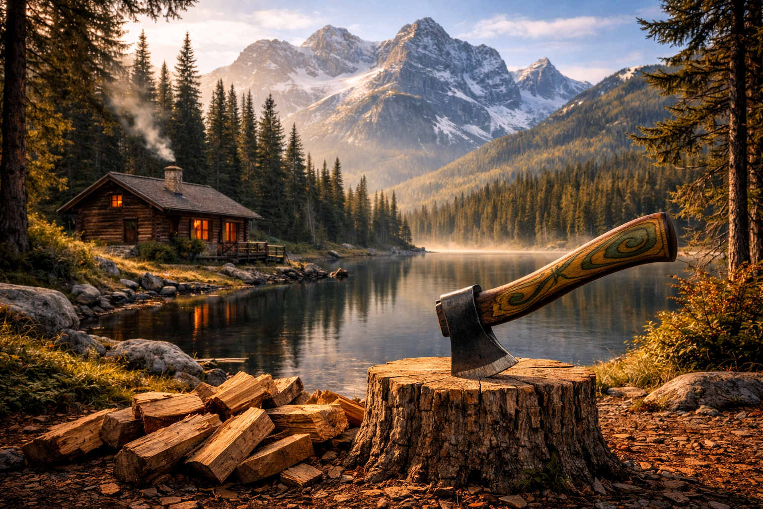 A serene lakeside scene with a chopping block and axe in the foreground, a wooden cabin emitting warm light on the left, surrounded by trees, with a calm lake, mountainous landscape with snow-capped peaks, and pine trees in the background during sunset.
