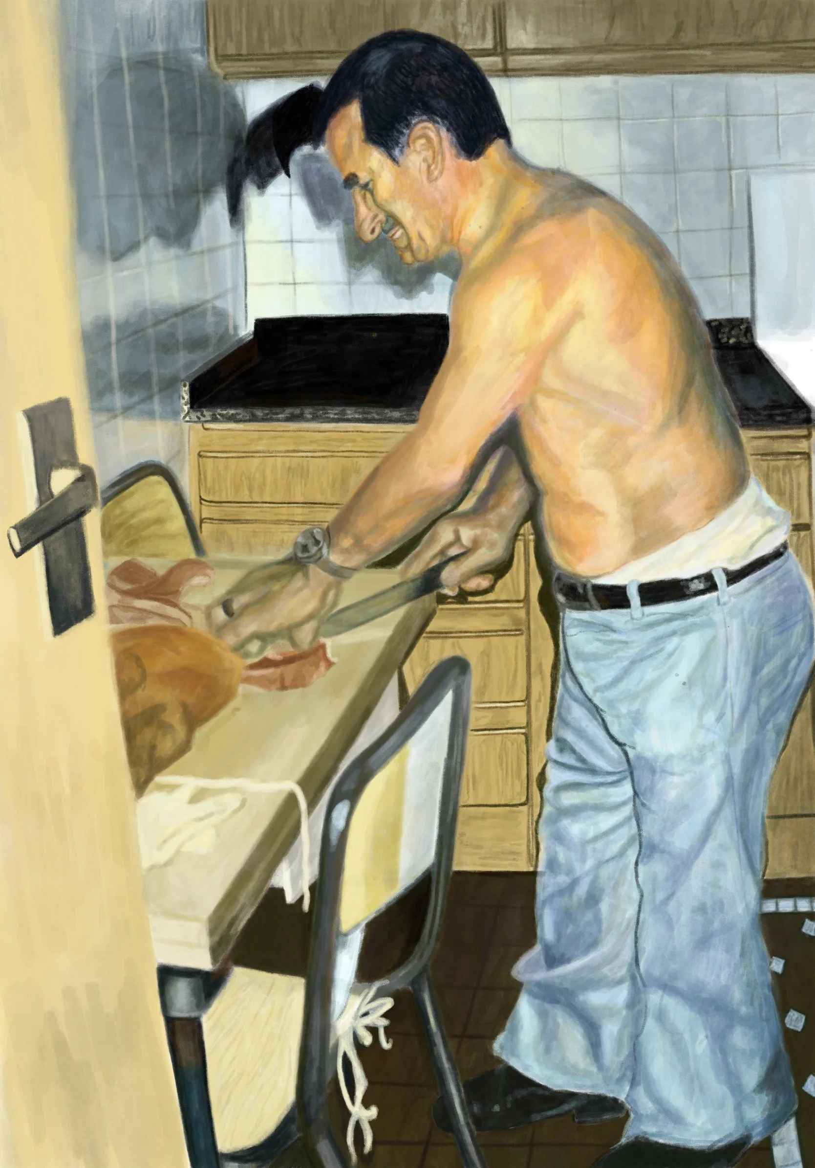 Digital painting of figures in a warm-toned Spanish kitchen interior by Philippa Gaughan
