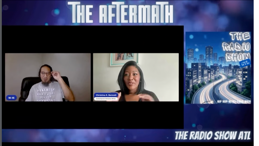 Screenshot of a virtual radio show titled 'The Aftermath.' It features two people in a video call, one with glasses and a t-shirt, the other with short black hair and a name tag, against a backdrop of cityscape at night with roads and buildings. The show is called 'The Radio Show ATL' and has a hip hop theme.