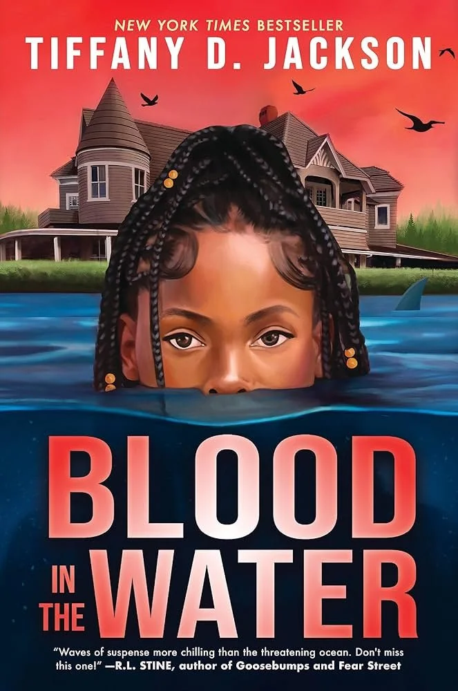 Book cover for "Blood in the Water" by Tiffany D. Jackson, featuring a girl with braided hair staring from the water with a large house and sunset background.