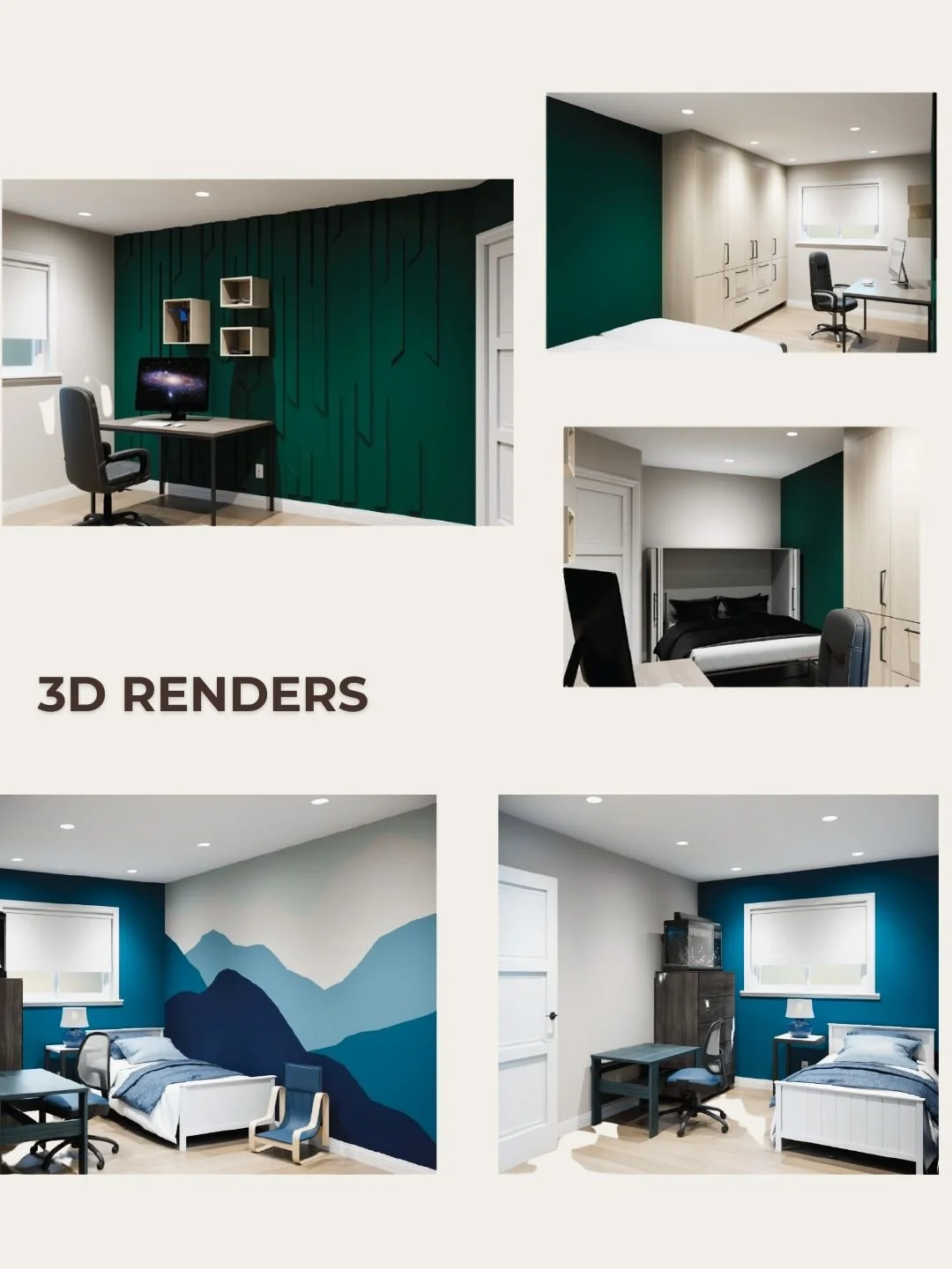 3D renders of basement bedroom & office room
