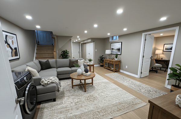 Open-concept basement renovation in Whitby showing a seamless flow between the home office and living room area.