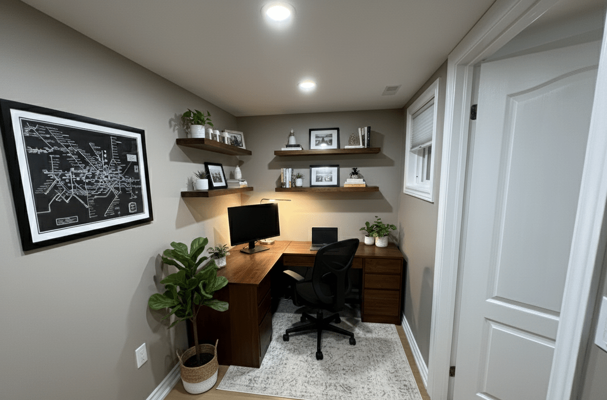 Soundproof basement home office in Whitby designed for quiet focus, featuring insulated walls and a clean, modern workspace layout.