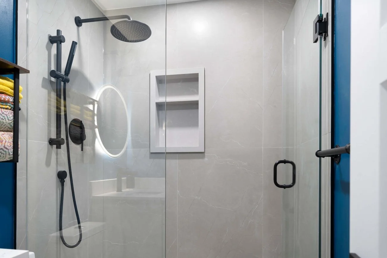 close up of modern bathroom with walkin shower
