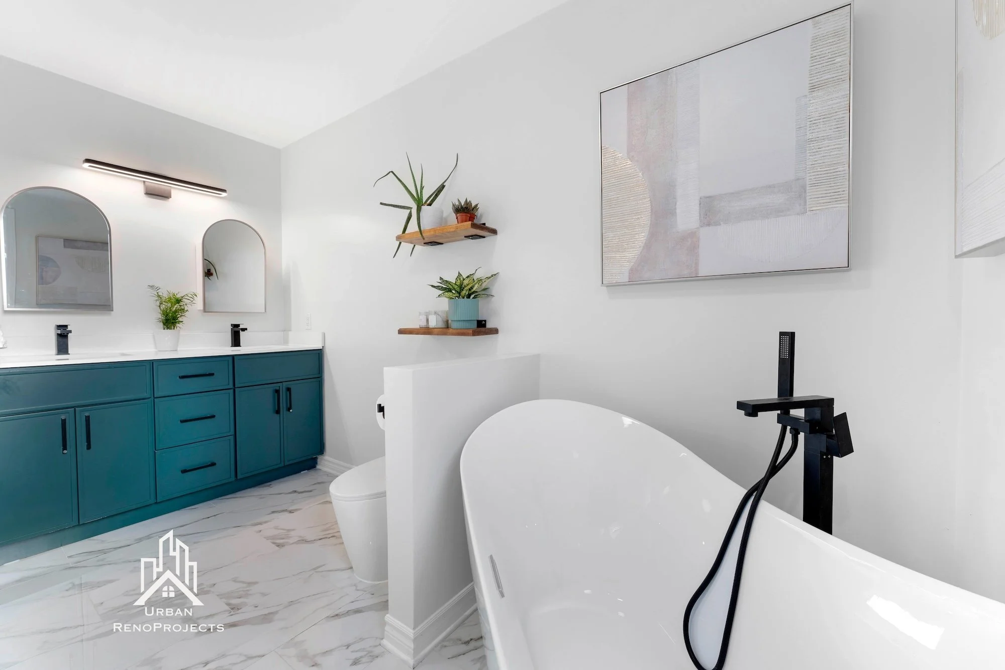 Overhead view of master bathroom layout featuring tub, vanity, and shower.