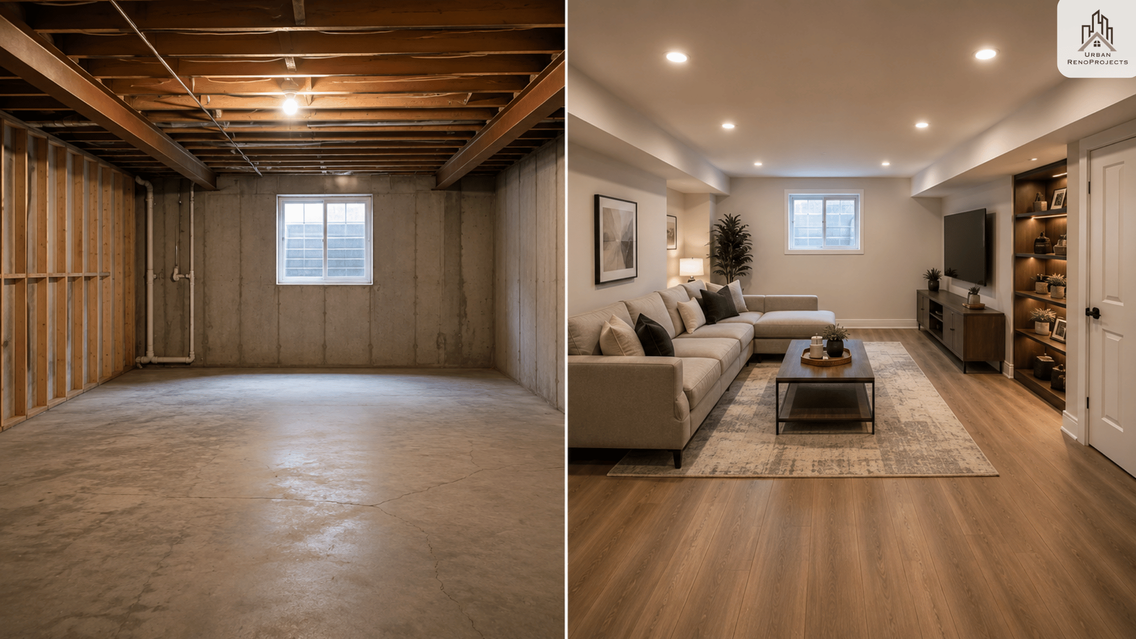 Before and after basement renovation in Oshawa Durham Region - ROI transformation