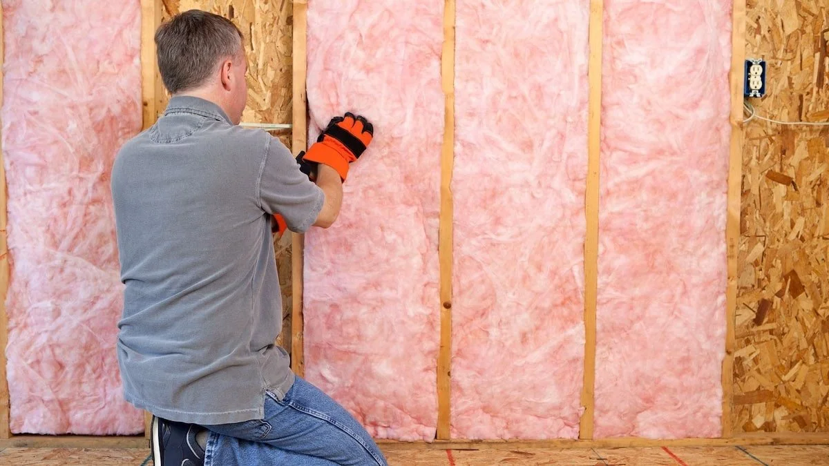 A contractor in basement checking insulation
