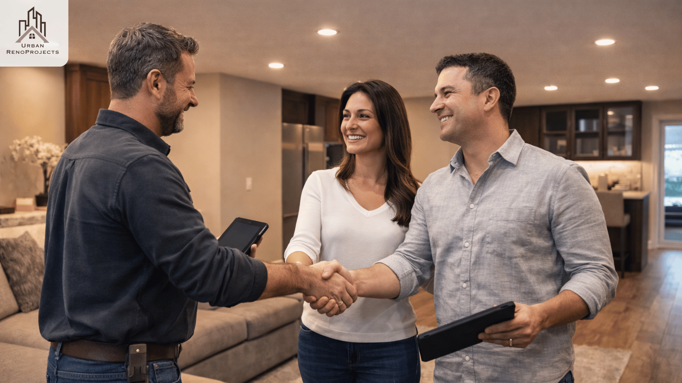 Urban RenoProjects contractor completing basement renovation walkthrough in Whitby Ontario