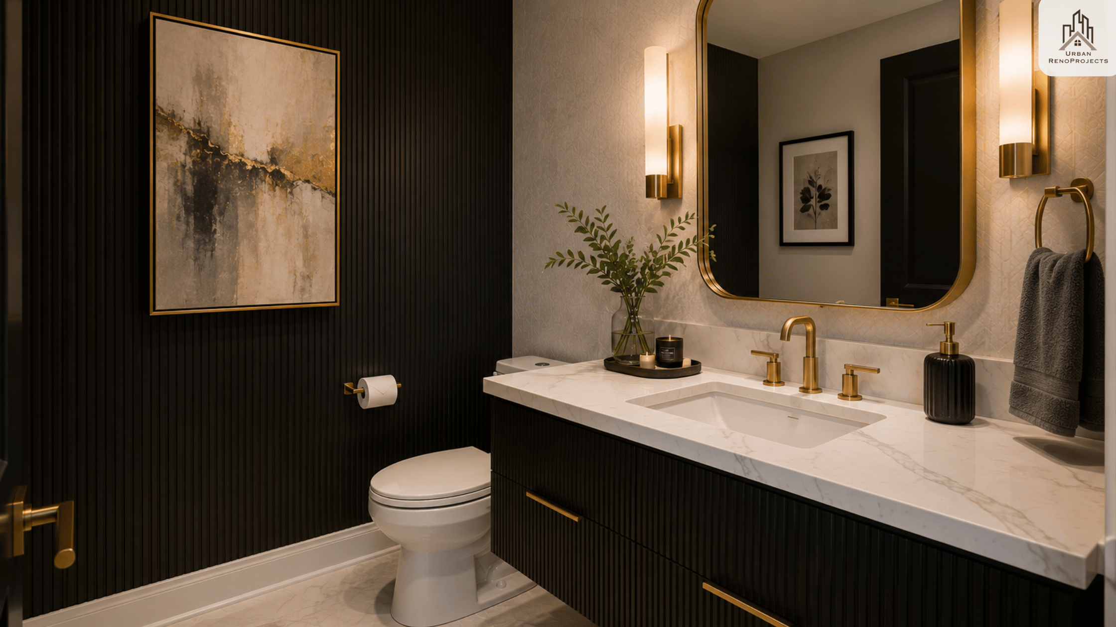 Powder room renovation with statement tile and designer vanity in Whitby Ontario