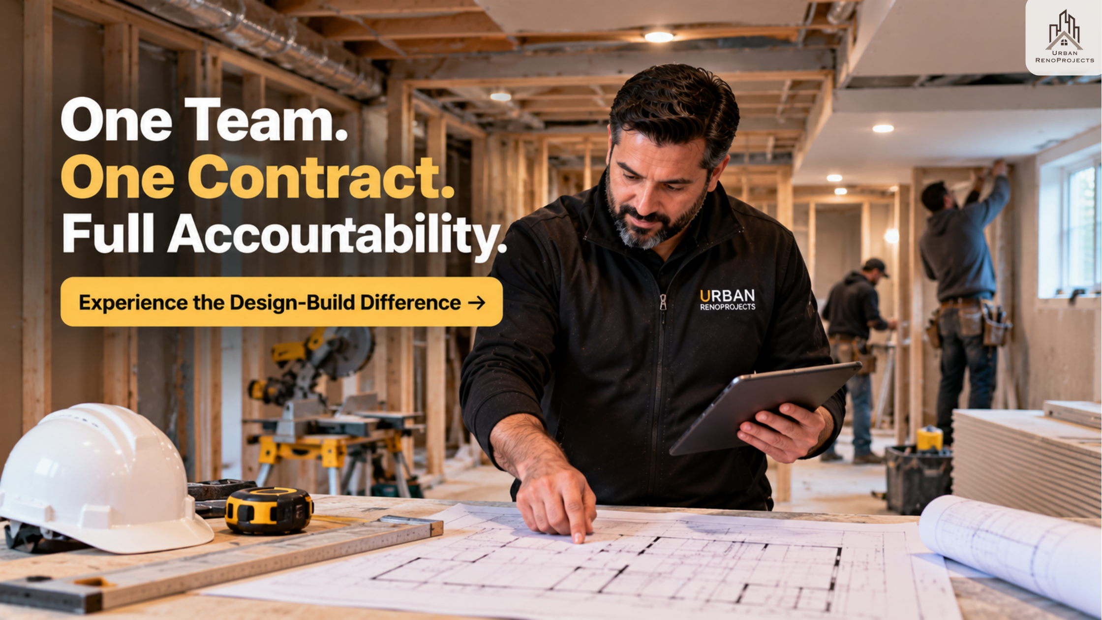 Design build basement renovation Ontario project manager reviewing drawings in Durham Region