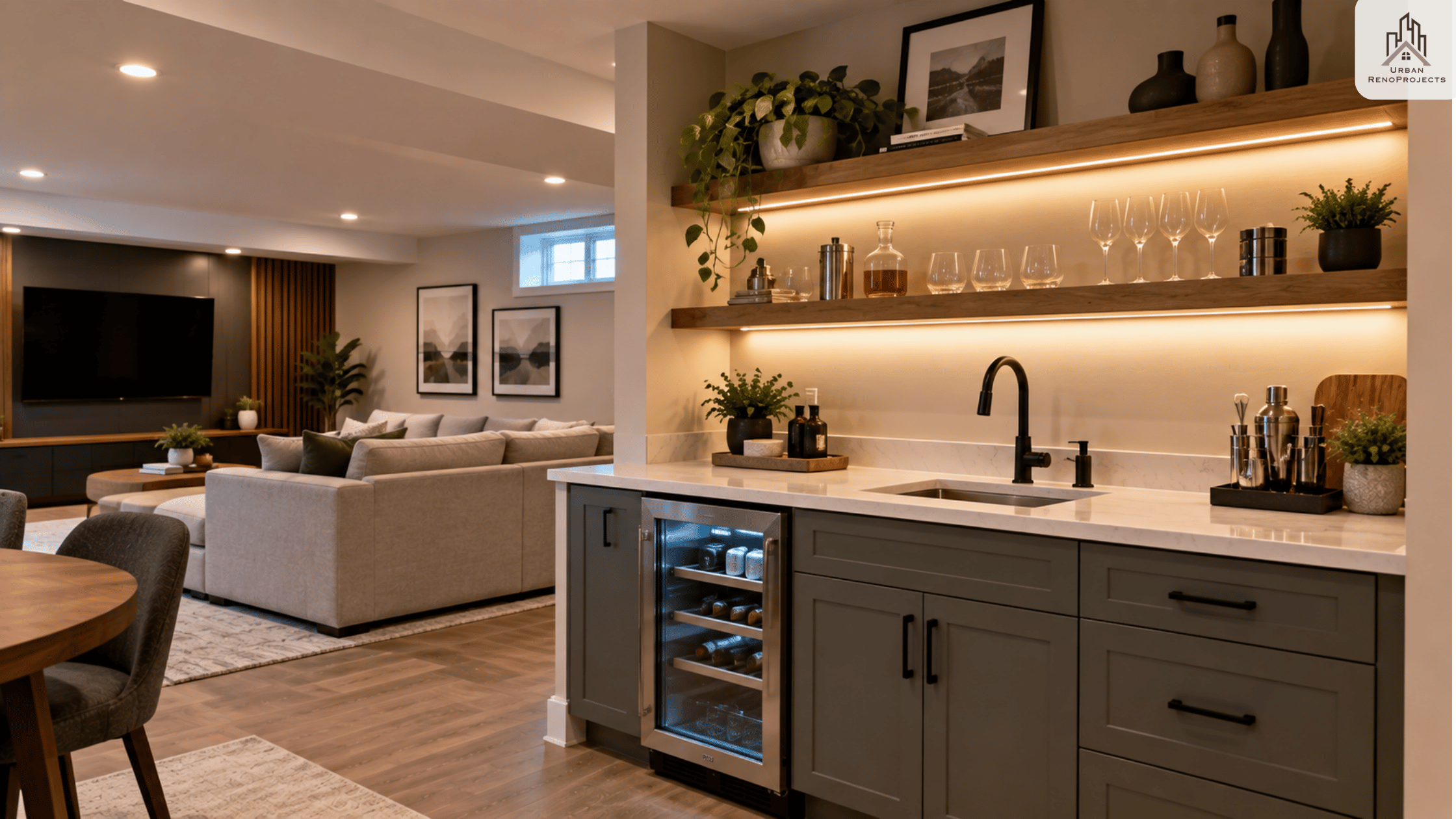 Basement wet bar with sink and bar refrigerator in Whitby Ontario | Urban RenoProjects
