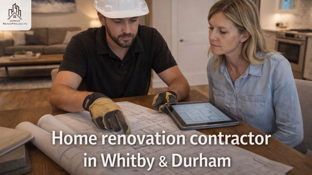 Home renovation contractor in Whitby reviewing plans with homeowner — Urban RenoProjects