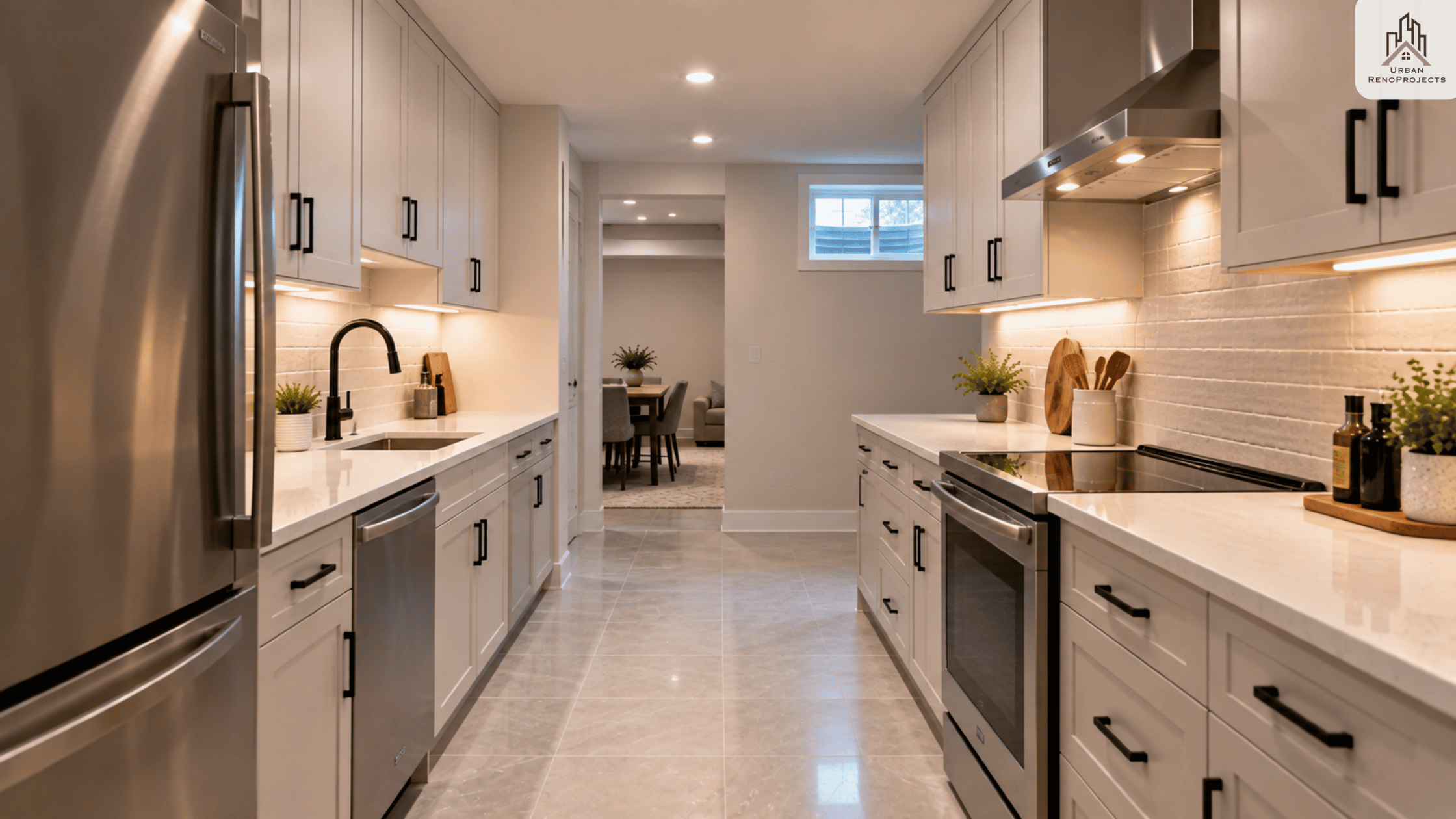 Legal basement suite kitchen in Durham Region galley layout with porcelain tile floor | Urban Renoprojects