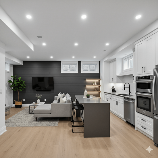 Modern open-concept kitchen and living room with white cabinetry, black accent wall, gray sofa, flat-screen TV, and kitchen island with black seating.