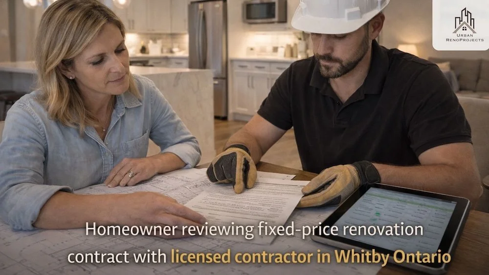 Homeowner reviewing fixed-price renovation contract with licensed contractor in Whitby Ontario