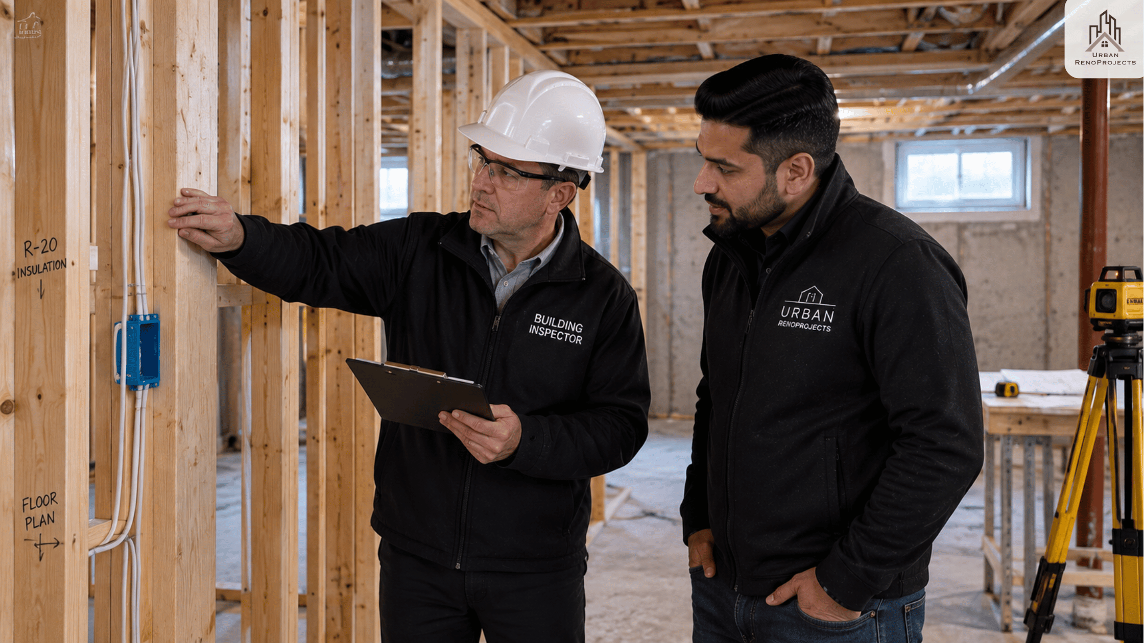 Building inspector checking basement framing during permit inspection in Whitby Ontario | Urban Renoprojects