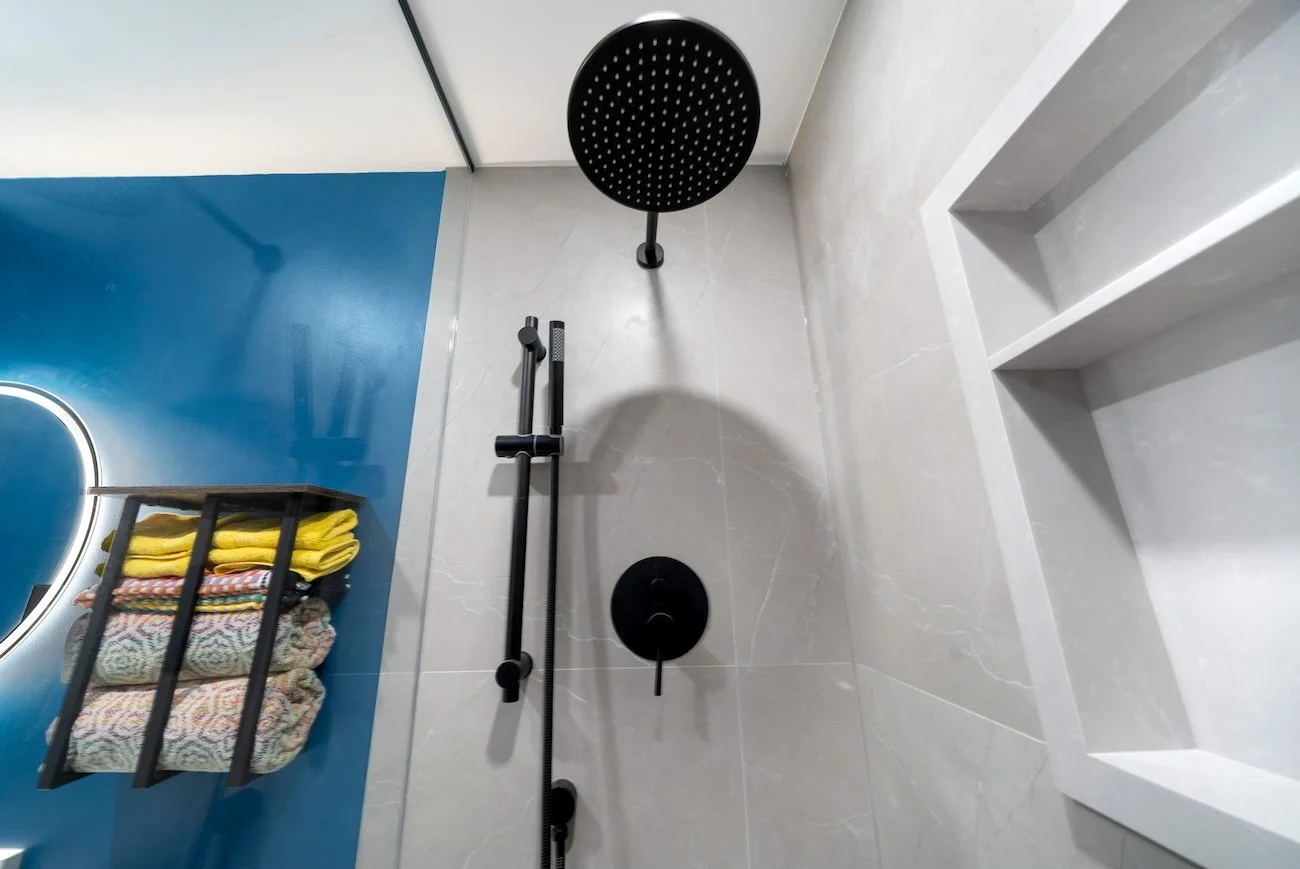 custom washroom shower details with black fixtures