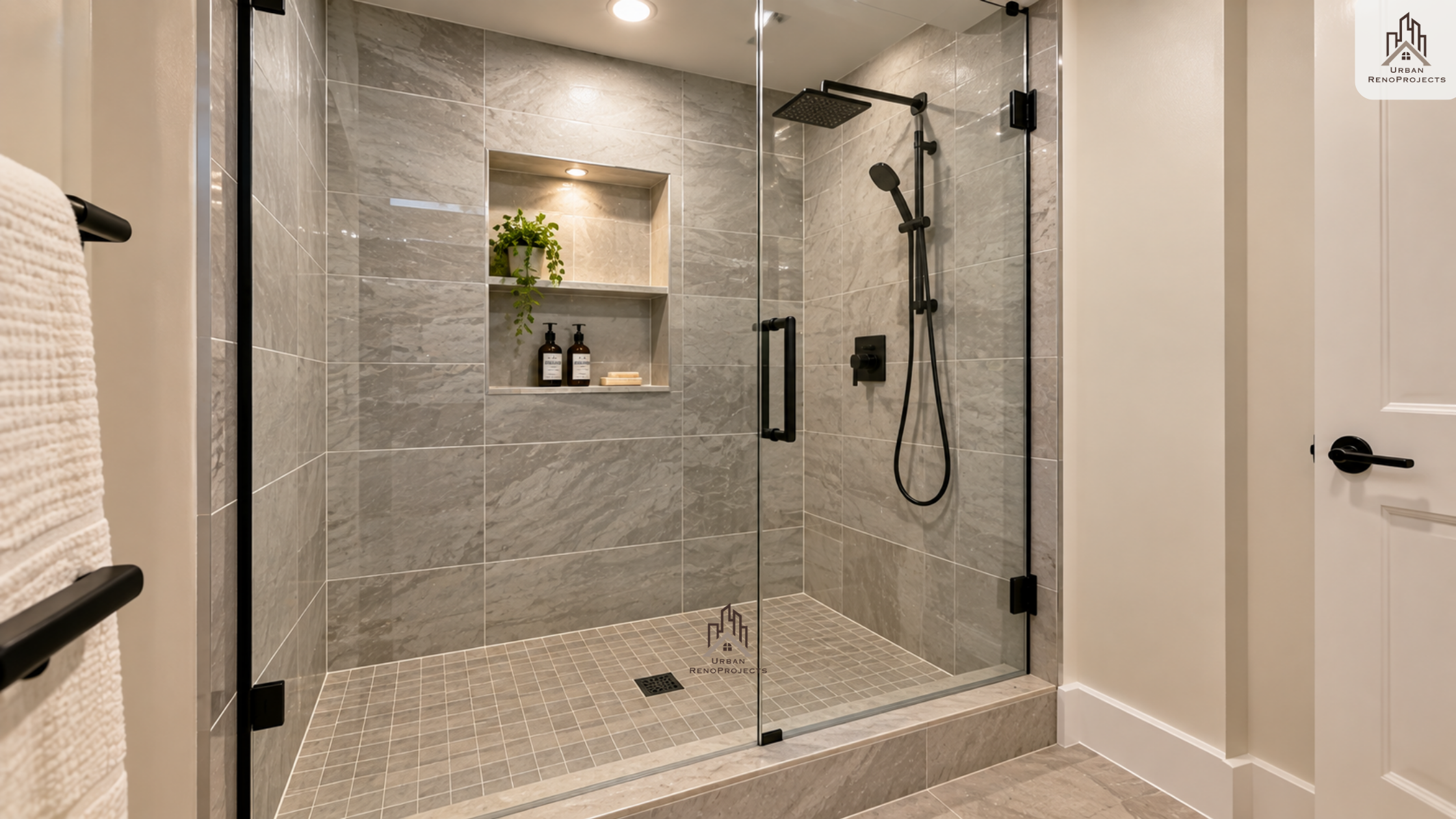 Custom tile walk-in shower in basement bathroom renovation in Durham Region | Urban Renoprojects