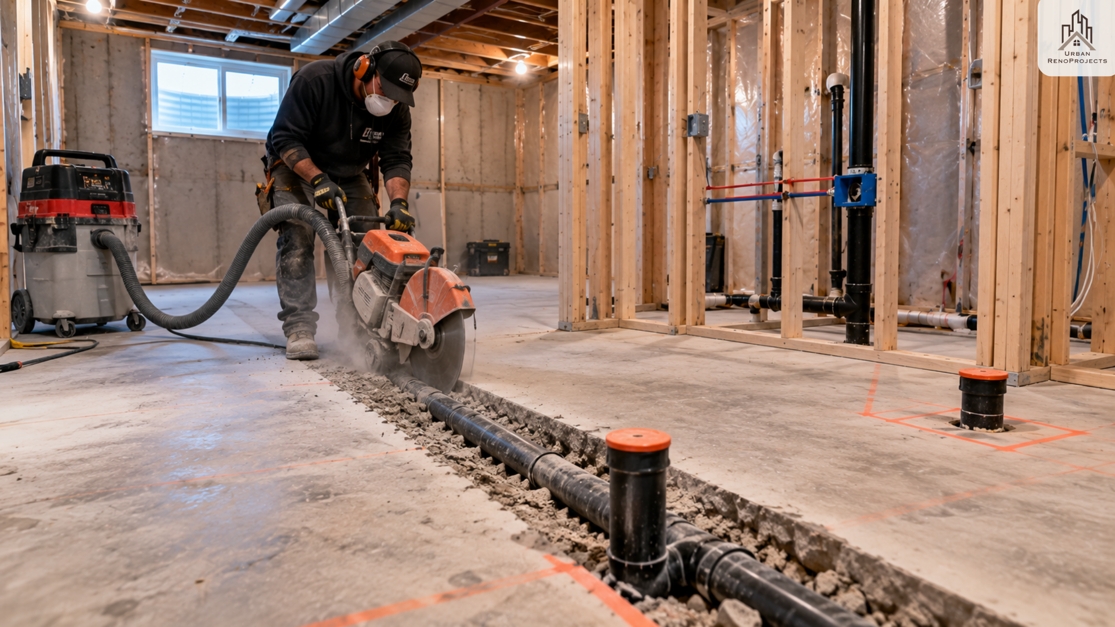 Concrete cutting for basement bathroom rough-in in Whitby Ontario | Urban RenoProjects